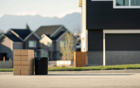 Boxes are placed neatly on the sidewalk next to a black garbage can in a peaceful suburban area with houses in the background. A clear blue sky is visible above the scene.の素材