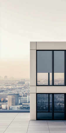 A sleek modern building stands tall, revealing a beautiful view of the city skyline at dusk. The horizon showcases buildings and clear skies, creating a serene atmosphere.の素材