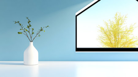 A clean and minimal room showcases a white vase with delicate branches. Outside, a vibrant yellow tree signals the arrival of spring on a sunny day.の素材