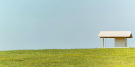 A simple shelter made of light materials sits quietly in a large grassy field. Bright green grass stretches around it, while the sky is clear and blue, creating a serene landscape.の素材