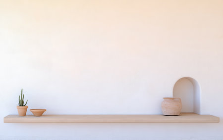 A simple wooden shelf displays two clay pots and a decorative jug against a neutral wall. The aesthetic highlights minimalism with a focus on nature elements.の素材