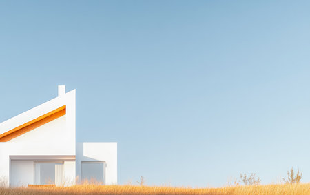 A modern white house sits on a grassy hill under a clear blue sky. The design features clean lines and a minimalist style, showcasing simplicity and tranquility in nature.の素材