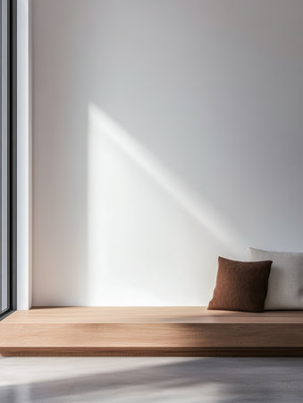A simple room features a wooden bench with cushions, large windows letting in soft natural light, creating a calming atmosphere perfect for relaxation and reflection.の素材
