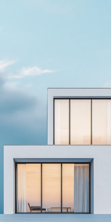 A sleek white structure stands out with expansive windows displaying soft, warm light. The evening sky adds a calm backdrop, enhancing the minimalist design and tranquil atmosphere.の素材
