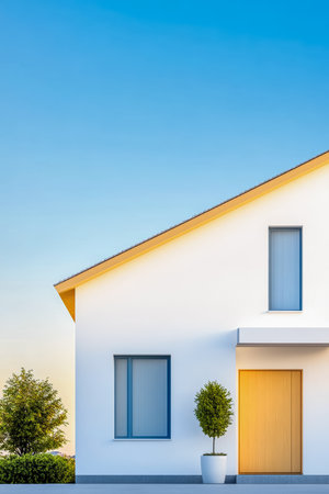 This modern house features a simple design with a wooden door and two windows. Bright sunlight highlights the white exterior, creating a fresh and inviting atmosphere.の素材
