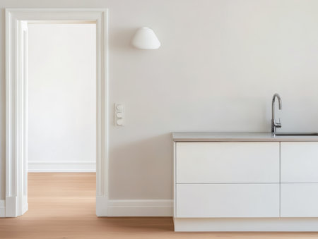 A bright, simplistic kitchen features smooth white cabinetry and a stylish sink. An open doorway leads to a spacious, airy room beyond, emphasizing the minimalist aesthetic.の素材