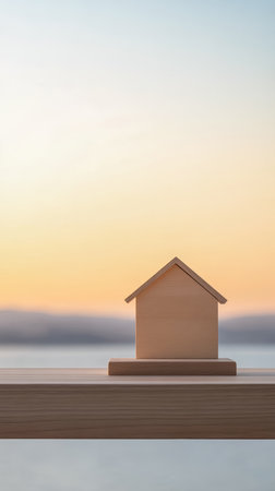 A simple wooden house model rests on a wooden table. The background features a beautiful sunrise over the water, with soft colors illuminating the scene.の素材