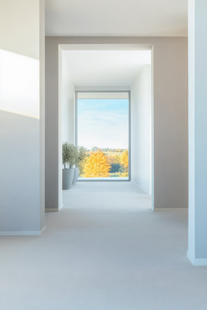 A spacious hallway features a large window offering a view of trees in autumn colors. Potted plants add a touch of green, enhancing the modern aesthetic of the room.の素材