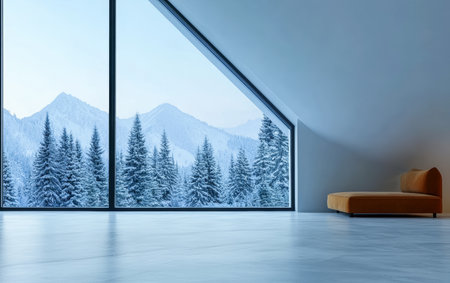 A spacious modern room features large windows that offer a stunning view of a snowy mountain landscape and evergreen trees outside. The serene winter scene invites relaxation.の素材