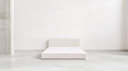 A minimalist bedroom design showcases a simple white platform bed on a concrete floor. The plain wall emphasizes the open, airy feel of the space. Ideal for peaceful living.の素材