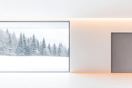 A serene winter scene features tall pine trees covered in fresh snow, viewed from a sleek, minimalist room with clean lines and soft lighting.の素材
