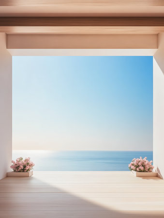 A serene balcony overlooks a tranquil ocean, with soft waves glimmering in the sunlight. Pink flowers in wooden boxes add a touch of color to the peaceful scene.の素材