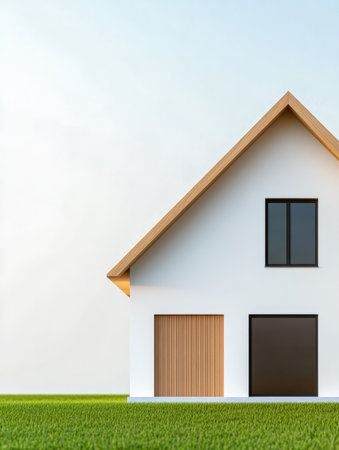 A modern house features clean lines and a simple design. This structure showcases a wooden roof, large windows, and a spacious green lawn, creating a tranquil atmosphere.の素材