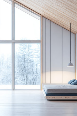 A bright bedroom featuring a comfortable bed with soft bedding. Large windows offer a view of snow-covered trees outside, creating a serene winter atmosphere.の素材
