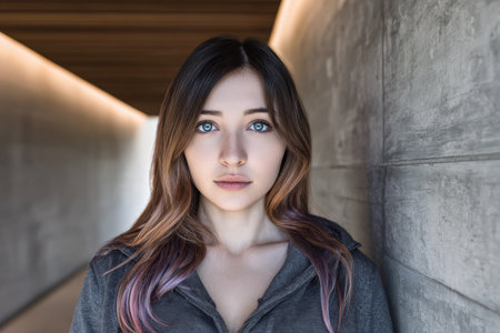 A young woman stands confidently in a modern corridor, showcasing her blue eyes and sleek hairstyle. The space features a clean design with soft, warm lighting creating an inviting atmosphere.の素材