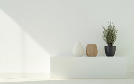 Three decorative vases sit on a white shelf in a bright room, with soft sunlight casting shadows. One vase is white, another is woven, and the last holds a small plant.の素材