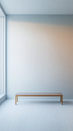 Bright room featuring a simple wooden bench along a wall. Large windows let in natural light, creating a spacious and airy feeling in the minimalist space.の素材