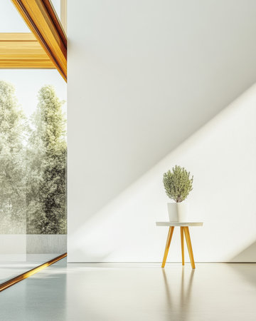 A bright room showcases a simple wooden table holding a potted plant. Sunlight pours in through large windows, illuminating the minimalist space and surrounding greenery.の素材