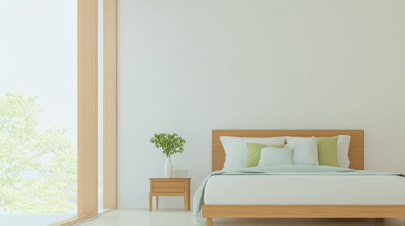 Bright bedroom showcasing a sleek wooden bed with soft bedding. Natural light pours in through a large window, enhancing the peaceful atmosphere. A small bedside table stands nearby.の素材