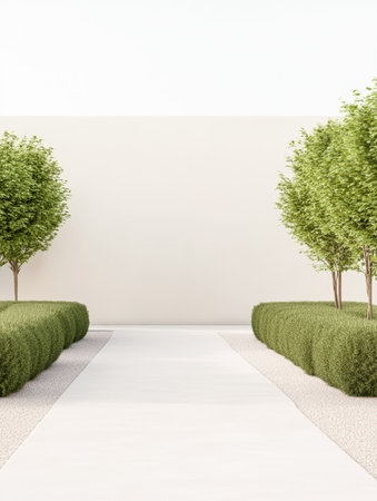A peaceful garden path stretches forward, bordered by lush green hedges and healthy trees. The clean, simple design invites a tranquil walk on a sunny day.の素材
