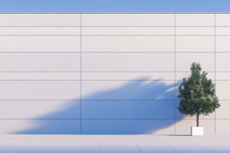 A single tree in a white planter stands against a large, smooth wall. The tree's shadow is cast on the surface, creating a contrast in this serene setting under clear blue skies.の素材