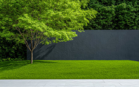 A tranquil scene shows a vibrant green tree beside a dark wall. The fresh grass covers the ground, creating a peaceful atmosphere under bright daylight in an urban setting.の素材