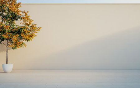 A solitary tree with golden leaves stands in a modern outdoor space. The plain wall behind it creates a calm and inviting atmosphere during daytime hours.の素材
