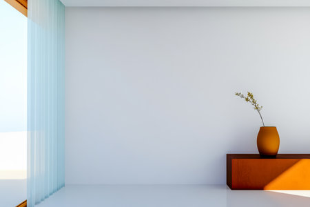 A spacious, minimalist room features large windows allowing abundant natural light. A simple wooden cabinet holds a tall vase with a single flower, enhancing the serene atmosphere.の素材