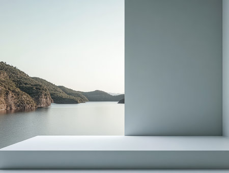 This scene features a minimalist architectural structure positioned by a tranquil lake. The calm water reflects soft morning light, with rolling hills in the background enhancing the natural beauty.の素材