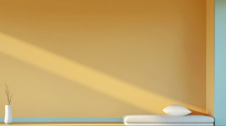 A cozy corner features a simple cushion and a vase with a branch, bathed in gentle sunlight on a warm orange wall. The scene evokes tranquility and simplicity.の素材