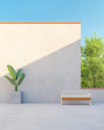 A minimalist outdoor area features a sleek bench beside a tall green plant in a concrete pot. The clean wall reflects sunlight, creating a bright atmosphere.の素材