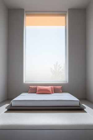A spacious bedroom showcases a low-profile bed adorned with soft pillows. A large window fills the room with natural light, highlighting the minimalistic decor and serene atmosphere.の素材