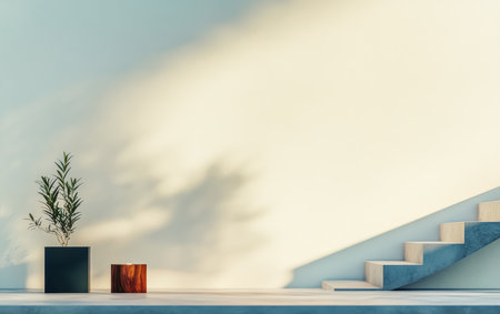 Bright indoor space featuring a minimalist staircase and two pots with greenery. Soft shadows create a serene ambiance, highlighting simplicity and elegance.の素材