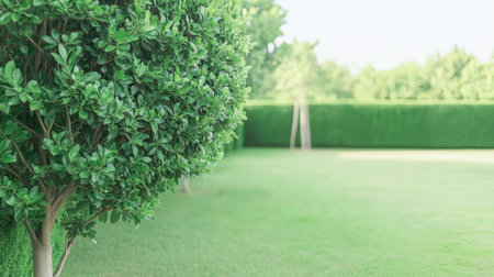 Bright green garden features well-shaped trees and tall shrubs under clear skies. The neatly maintained lawn invites relaxation and outdoor activities during sunny weather.の素材
