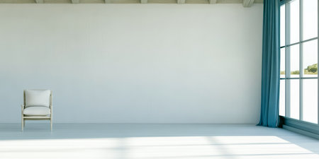 A simple room showcases a solitary chair near large windows, allowing natural light to fill the space. The walls are bare, emphasizing a clean and modern aesthetic.の素材