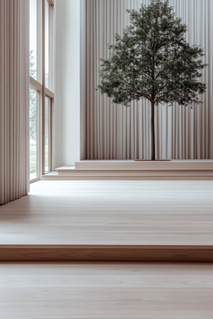 Bright indoor area featuring smooth wooden floors and expansive windows, showcasing a single tree as a focal point. The design emphasizes simplicity and tranquility in the space.の素材