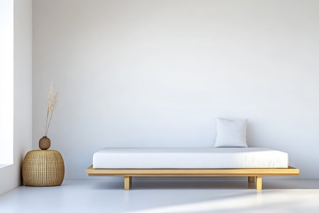 A simple bedroom features a wooden platform bed with a white mattress and a single pillow, complemented by a decorative vase against a light wall.の素材