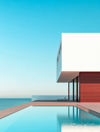 A sleek, modern house stands by the ocean, featuring large windows and an inviting pool. The sky reflects soft colors as the sun sets, creating a calming atmosphere.の素材