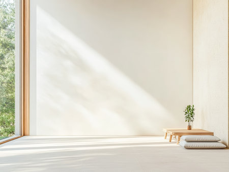 A serene room showcases a minimalist style with soft lighting and a clear view outside. A small table holds a potted plant next to cozy cushions. The peaceful ambiance invites relaxation.の素材