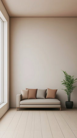 A spacious living area showcases a light-colored couch with brown cushions. Natural light floods in through a large window, illuminating the serene space that includes a potted plant.の素材