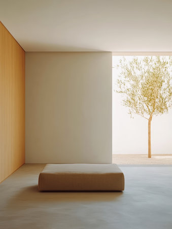 A spacious room showcases a low seating area placed against a warm wood wall, with a bright, airy atmosphere and a tree visible through large windows.の素材