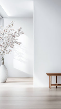 A spacious room with white walls and natural light highlights a simple wooden bench and a tall vase with delicate flowers, creating a calm atmosphere.の素材