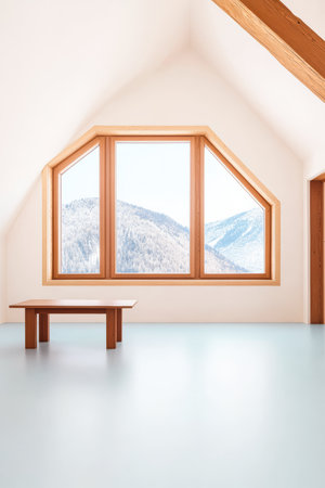 A bright room showcases large angled windows overlooking snow-capped mountains. The simple wooden table complements the serene, uncluttered space.の素材