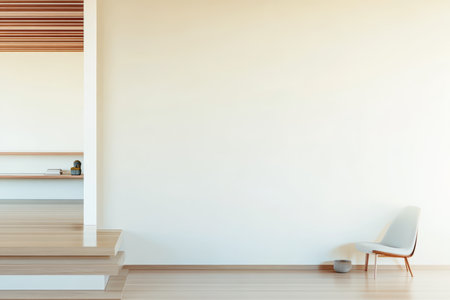 A spacious, minimalist interior features wooden shelves and a simple chair in a light-colored area. Natural light enhances the overall tranquility and simplicity of the design.の素材