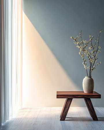 A wooden table stands in a bright room illuminated by sunlight. A simple vase holds a delicate flower arrangement, enhancing the serene atmosphere of the space.の素材