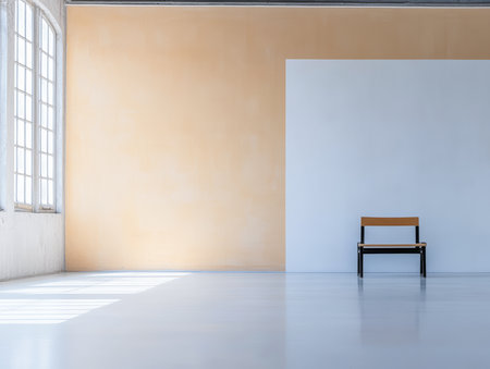 A spacious minimalist room features a single wooden chair placed on a clean floor. Natural light floods through large windows, enhancing the calm atmosphere.の素材