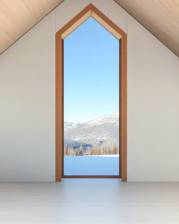 A bright and airy cabin features a large window showcasing a stunning mountain landscape. The interior has wooden details, creating a cozy atmosphere on a clear day.の素材