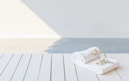 Soft white towels are neatly arranged on a wooden deck beside calm water. Sunlight casts a gentle shadow, creating a peaceful and relaxing atmosphere for spa guests.の素材