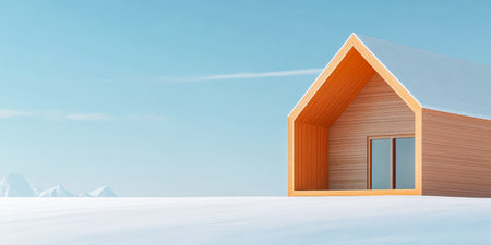 A modern wooden house stands alone in a snowy landscape. The structure features a large, open front, showcasing natural light and minimalistic design against a clear blue sky.の素材