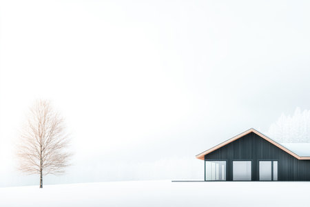 A modern black house is set against a pure white snowy landscape. A single bare tree stands next to the house, enhancing the serene winter atmosphere. The scene feels calm and minimalist.の素材